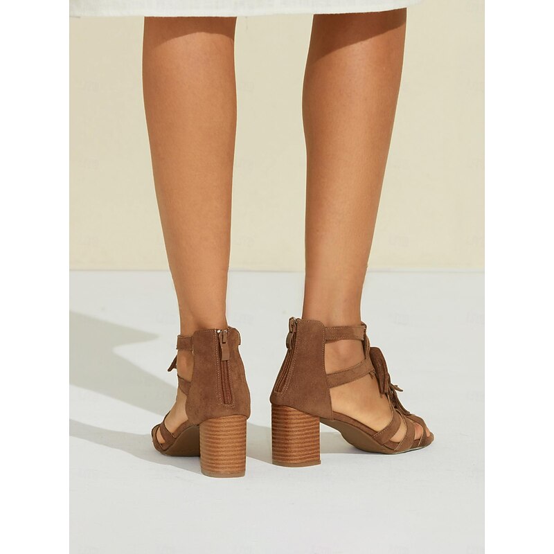 Women's Brown Suede Tassel Ankle Strap Block Heel Sandals | Boho Chic Summer Footwear4