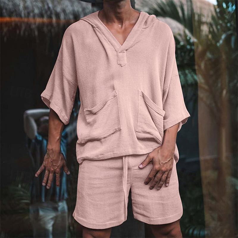 Men's Linen Set T-shirt Suits 2 Pieces Outfits Short Sleeve Hooded Summer Plain Fashion Casual 2 Piece Front Pocket Vacation Daily Wear Going out Light Pink Black White Top Tee for Men4