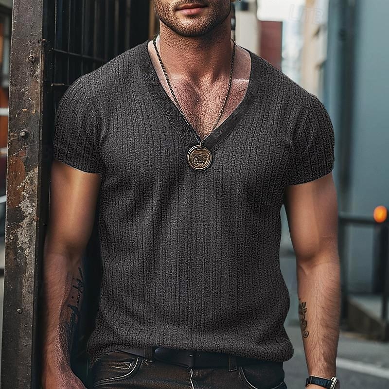 Men's T Shirt Tee Top Short Sleeves V Neck Summer Plain Pit Strip Fashion Designer Basic Buttons Vacation Street Going out Black White Royal Blue Top Tee for Men
