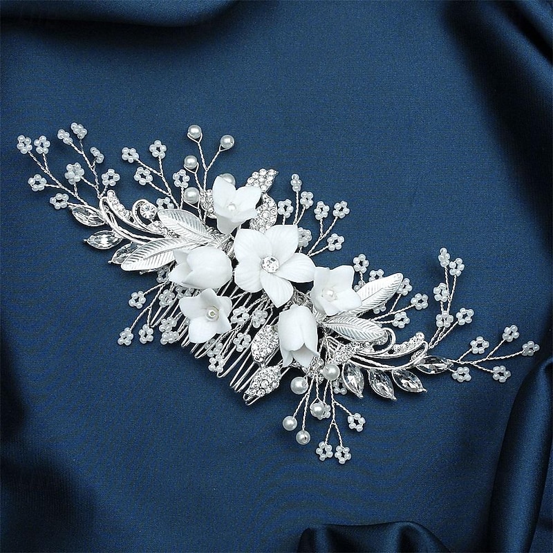 Bride Headwear Wedding Dress Ancient Style Hanfu Hair Comb Pearl Crystal Bead String White Headflower Ceramic Flower Comb2