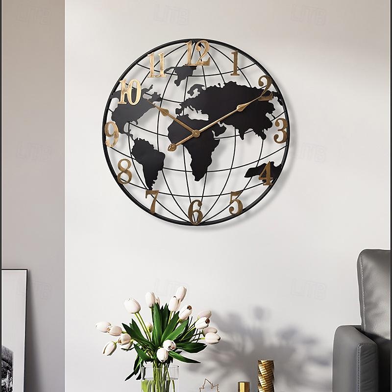 Large Wall Clock World Map Modern Mute Simple Round Iron Design Living Room Corridor Decoration Electronic Clock 60cm2