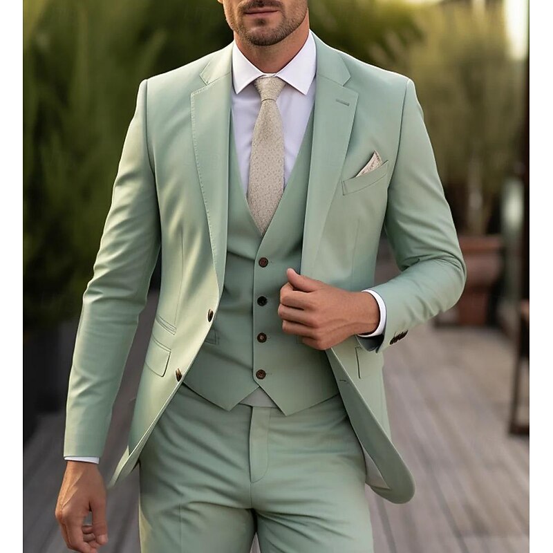 Men's Wedding Prom Suits Notch Burgundy Sage Daily Lightweight Solid Colored Tailored Fit 3 Piece Single Breasted Two-buttons
