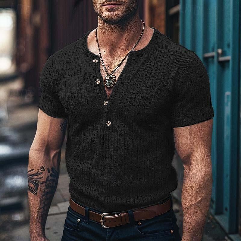 Men's Henley Shirt Muscle Shirt Ribbed Knit tee Tee Top Short Sleeves Plain Pit Strip Fashion Designer Basic Henley Vacation Street Going out Summer White Blue Dark Gray Henley T-Shirt3