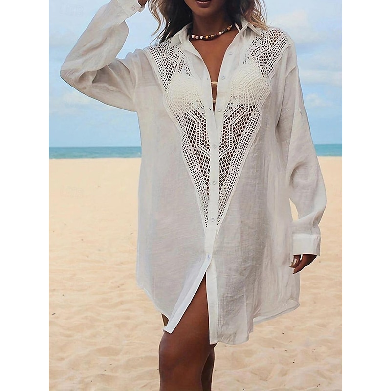 Women's Mini Dress Linen-Inspired Dresses White Dress Shirt Dress Cover Up Hawaiian Vacation Holiday Beach Loose Fit Long Sleeve Shirt Collar Black White Summer2