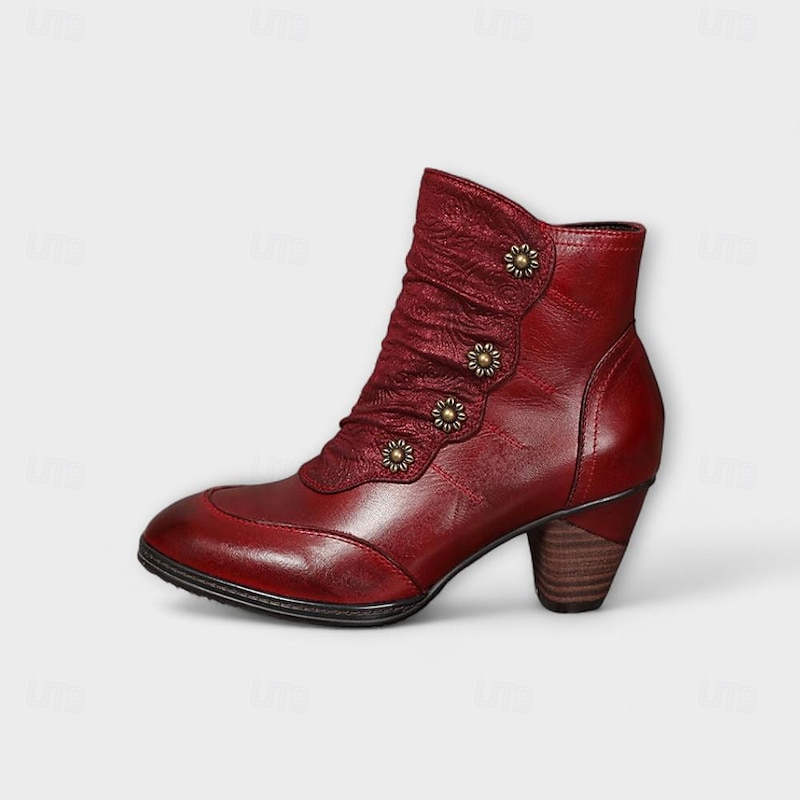 Women's Vintage Red Leather Ankle Boots – Premium Cowhide with Floral Button Accents and Chunky Heel for Retro Style and Everyday Wear3