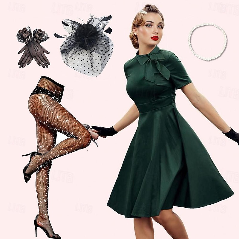 Set with Retro Vintage 1950s Dress Swing Dress Flare Dress Back Seam High Waist Tights Sparkle Headpiece Party Costume Fascinator Hat 3 PCS Women Homecoming Tea Party Casual Daily