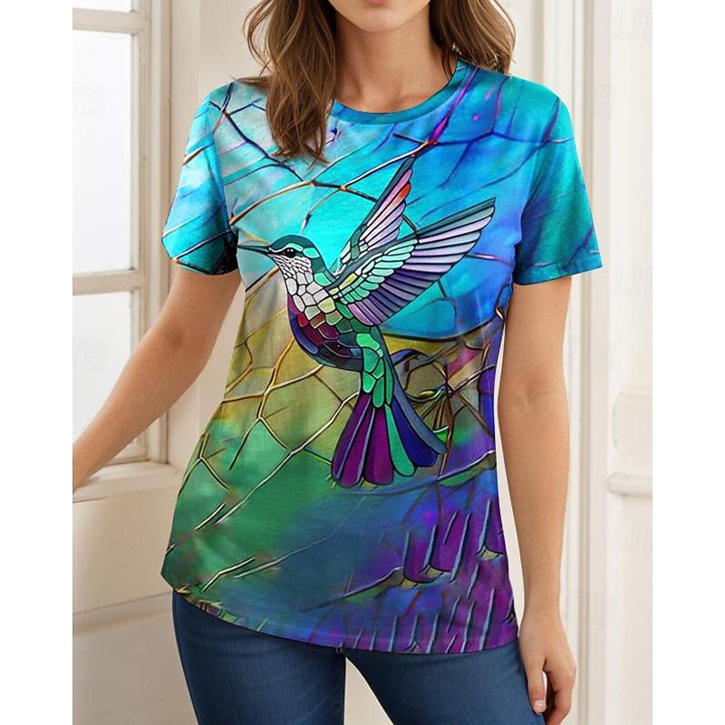 Women's T shirt Round Neck Stained Glass Hummingbird Print Short Sleeve Fitted Top Artistic Vibrant Casual Summer Wear Comfortable Fashion Clothing Apparel2