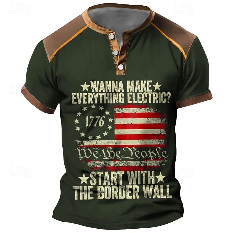 Men's Patriotic Graphic Henley Tee | 1776 We The People American Flag Print | Border Wall Statement | Make Everything Electric Design4
