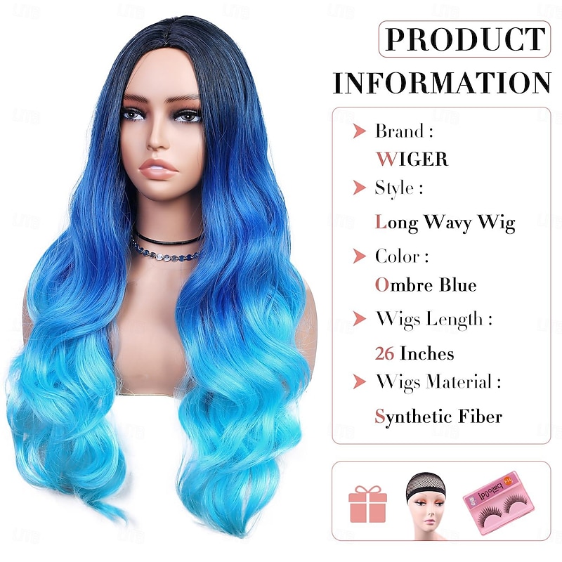 Long Blue Wavy Wigs for Women Ombre Blue Body Wave Mermaid Hair Wigs Long Curly Synthetic Hair for Daily or Cosplay Halloween Wigs2