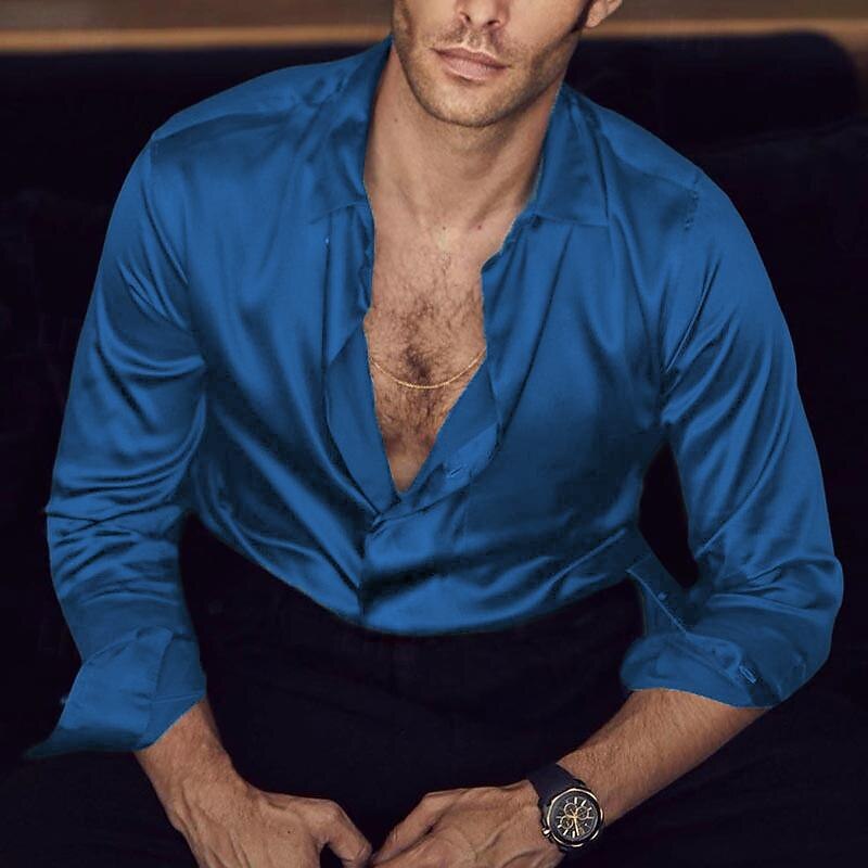 Men's Shirt Satin Shirt Casual Shirt Button Up Shirt Plain Wedding Vacation Light Blue Black White Wine Long Sleeve Turndown Summer Spring &  Fall Clothing Apparel