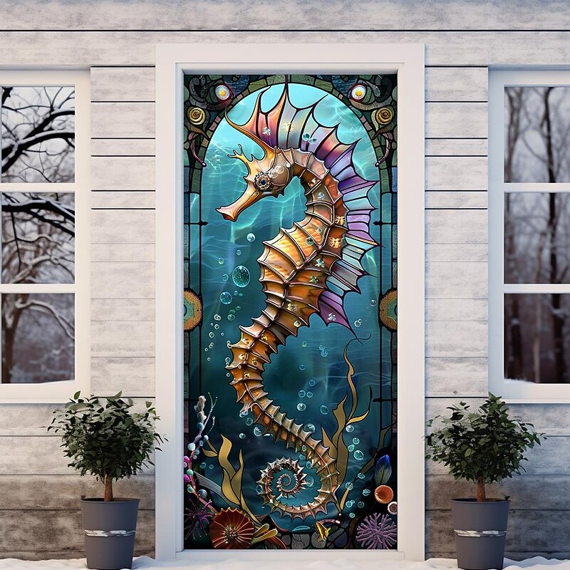 Stained Glass Seahorse Door Covers Door Tapestry Door Curtain Decoration Backdrop Door Banner for Front Door Farmhouse Holiday Party Decor Supplies4