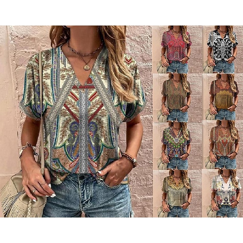 T shirt Tee Women's Black+white+grey Yellow Red Geometic Stripes and Plaid Printing Geometrical Party Daily Fashion Daily Retro V Neck Regular Fit S2