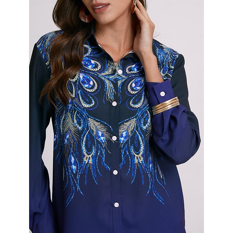 Women's Shirt Long Sleeve Button Down Blouse Daily Basic Buttons Print Regular Tops Shirt Collar Casual Blue Green Fall & Winter3