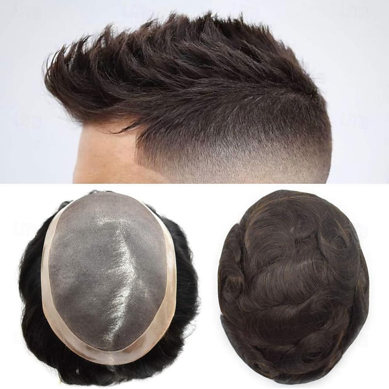 Mono Human Hair Mens Toupee Hairpiece Poly Skin Around Hair System Durable NPU Monofilament Wig Hair Replacement for Men