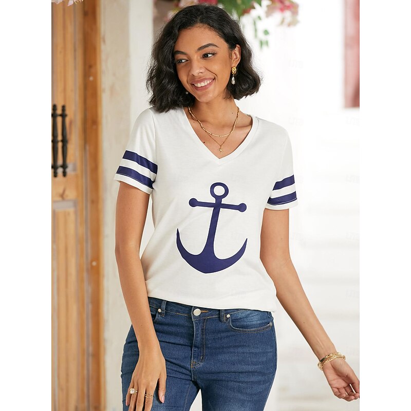 Women's T Shirt Burgundy Tee Basic Anchor Print Short Sleeve Regular Tops V Neck Daily Weekend White Blue3