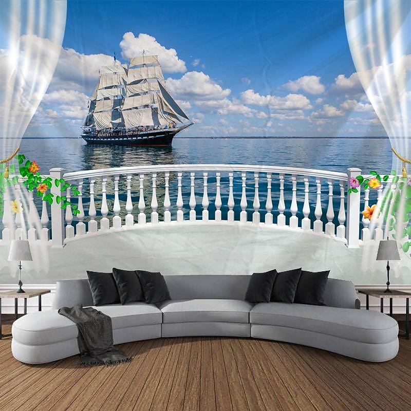 Window Beach View Hanging Tapestry Wall Art Large Tapestry Mural Decor Photograph Backdrop Blanket Curtain Home Bedroom Living Room Decoration2