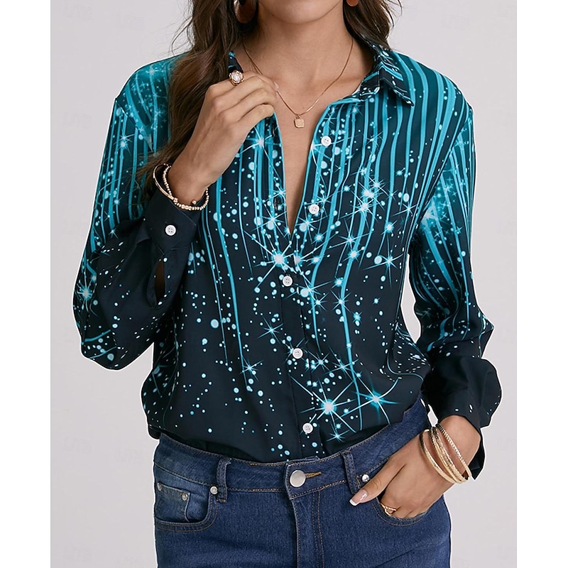 Women's Shirt Long Sleeve Button Down Blouse Maroon Denim Blue Black Striped Sparkly Button Print Casual Weekend Streetwear Shirt Collar Regular S