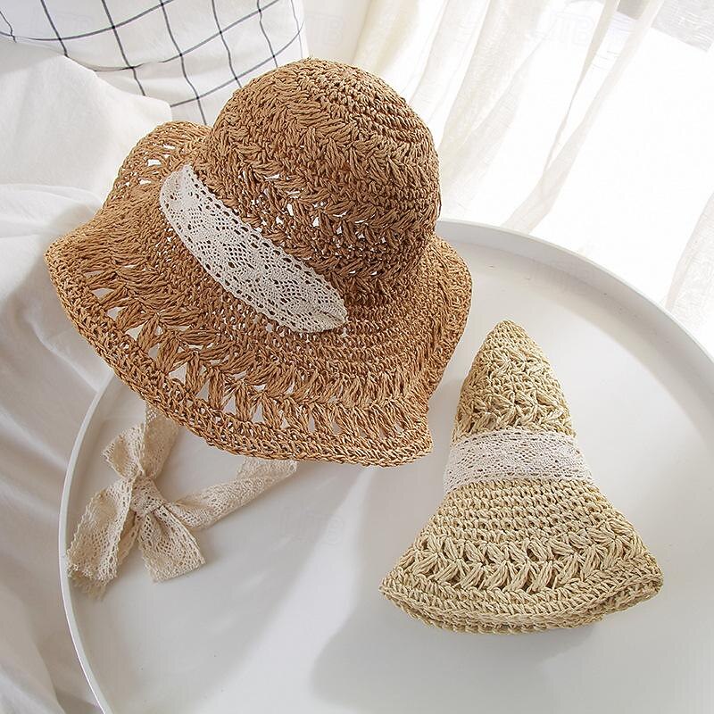 Hollow Crochet Bucket Hat Lace Ribbon Tie Wide Brim Breathable Straw Sun Hat Elegant Sunshade Travel Beach Hats For Women