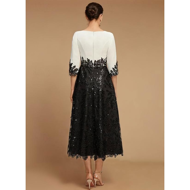 A-Line Mother of the Bride Dress Wedding Guest Elegant Vintage Jewel Neck Tea Length Lace Half Sleeve with Lace Color Block2
