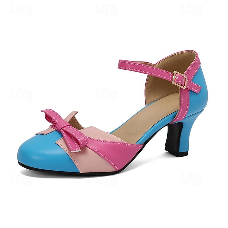 Women's Colorful Mary Jane Heels – Blue and Pink Bowknot Pumps with Ankle Strap for Party & Cosplay2
