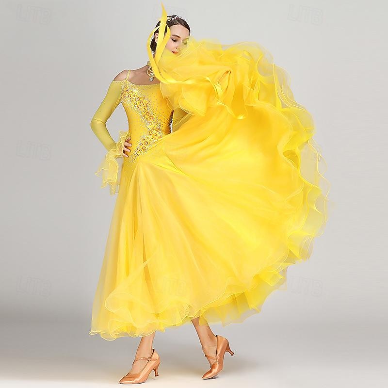Ballroom Dance Dress Rhinestone Tulle Women's Performance Long Sleeve Polyester2