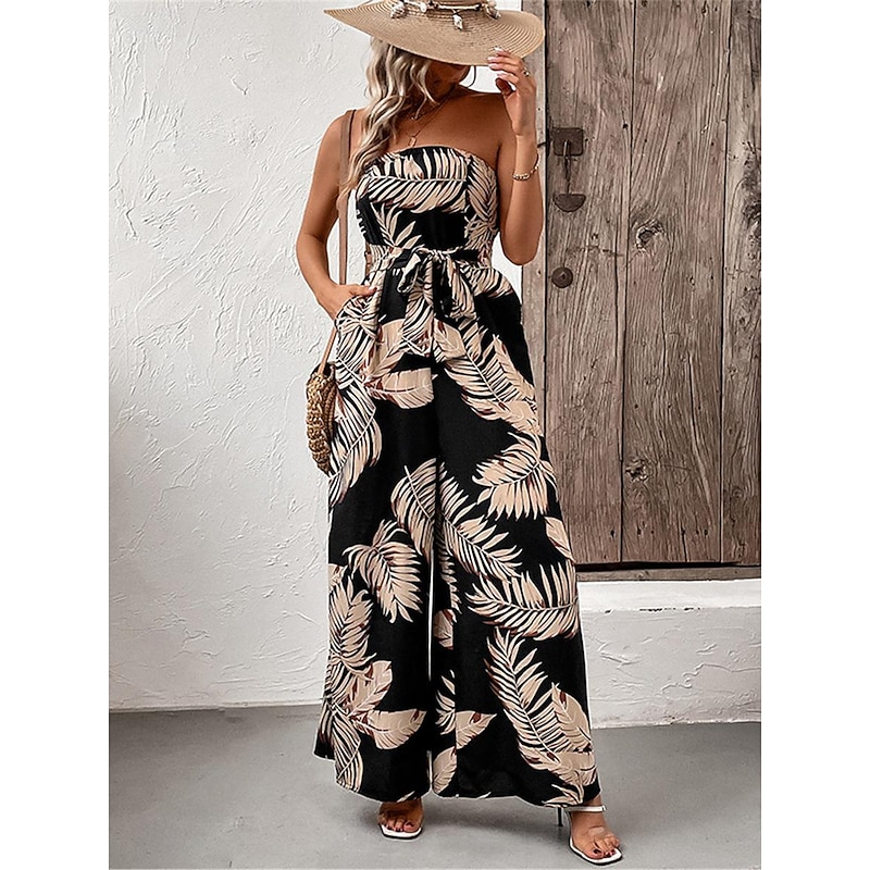 Women's Normal Jumpsuit Streetwear Print Sleeveless Strapless Backless High Waist Street Daily Regular Fit Black Summer