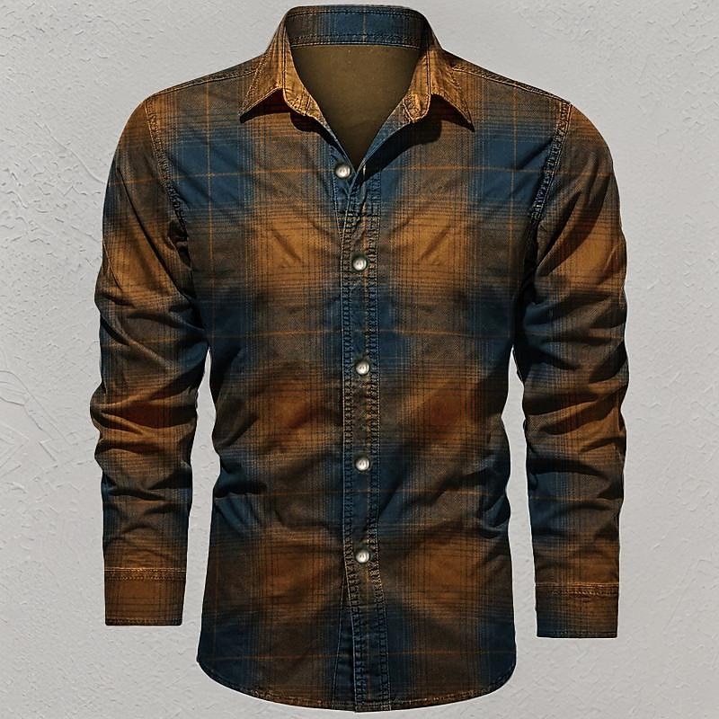 Men's Shirt Summer Shirt Plaid Shirt Button Up Shirt Yellow Red Blue Long Sleeve Plaid / Check Turndown Street Daily Button-Down Clothing Apparel Polyester Fashion Casual Comfortable Big and Tall