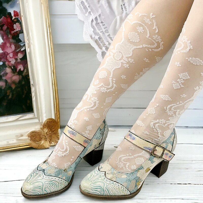 Women's Heels Pumps Handmade Shoes Vintage Gatsby Shoes Wedding Party Color Block Cone Heel Round Toe Elegant Vintage Gatsby Leather Buckle Light Blue 10