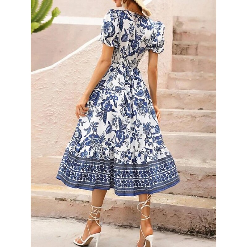 Women's Midi Dress Casual Dress Swing Dress A Line Dress Summer Dress Streetwear A Line Vacation Street Holiday Regular Fit Floral Short Sleeve V Neck Black Red Blue Green Summer3