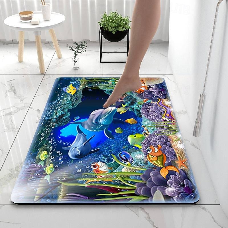 Sea Diatomaceous Earth Bath Mat Non-slip Soft Mat Rubber Anti-Slip Fast Dry Super Absorbent Thin Bathroom Mat for Under Door - Bathroom Floor Mat Rug Bathtub Front Shower Mat Sink3