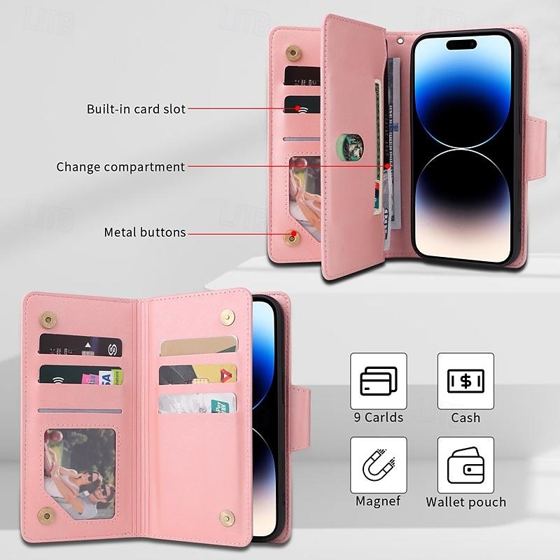Phone Case For iPhone 17 Pro Max 17 Air 16 15 14 Pro Max Plus 13 12 11 Pro Max Mini Wallet Case Zipper with Wrist Strap Kickstand Retro TPU PU Leather4