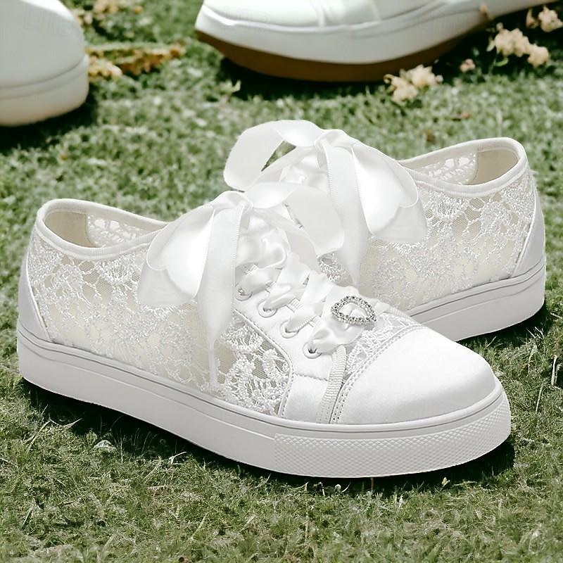 Women's Lace Wedding Sneakers with Ribbon Laces - White Bridal Flat Shoes for Comfort and Style
