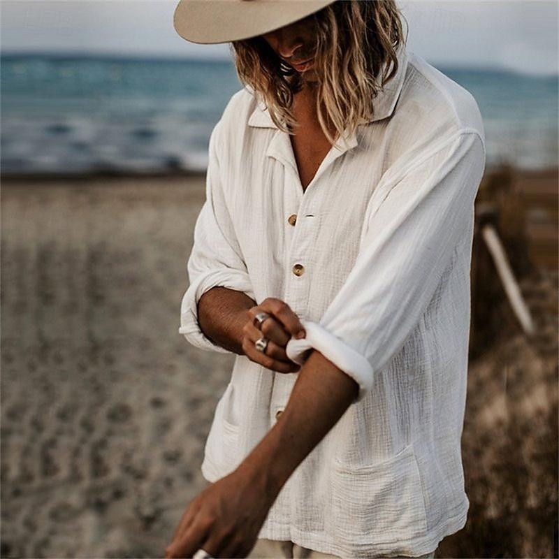 Men's Shirt Linen Shirt White Cotton Shirt Summer Shirt Beach Shirt Cotton Linen Shirt Plain Vacation Hawaiian White Long Sleeve Camp Collar Spring &  Fall Clothing Apparel Button-Down3