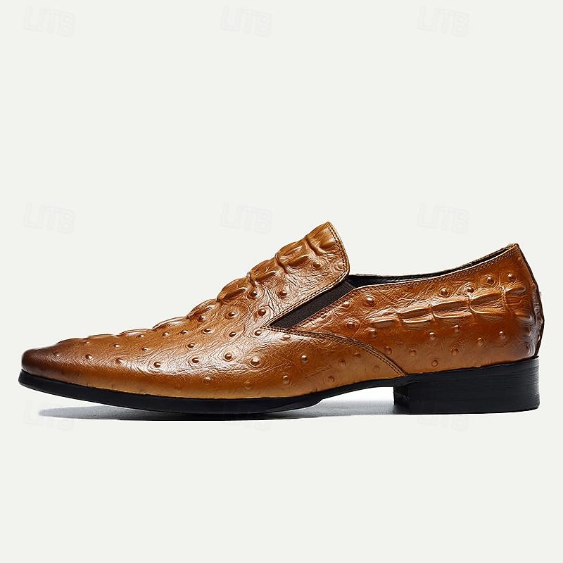 Men's Embossed Ostrich Leather Slip-On Loafers – Premium Brown Formal Dress Shoes, Lightweight and Comfortable for Business or Casual Wea4
