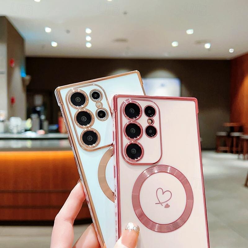 Phone Case For Samsung Galaxy S25 S24 S23 S23 FE S22 S21 Ultra Plus Back Cover Support Wireless Charging Shockproof Heart TPU Plating4