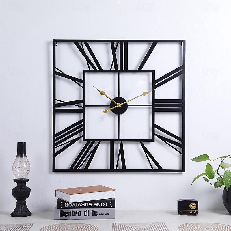 Large Wall Clock Roman Numeral Wall Clock Outdoor Garden Wall Clock Metal Square Skeleton Clock for Living Room Cafe Hotel Office Home Decor 58 cm2