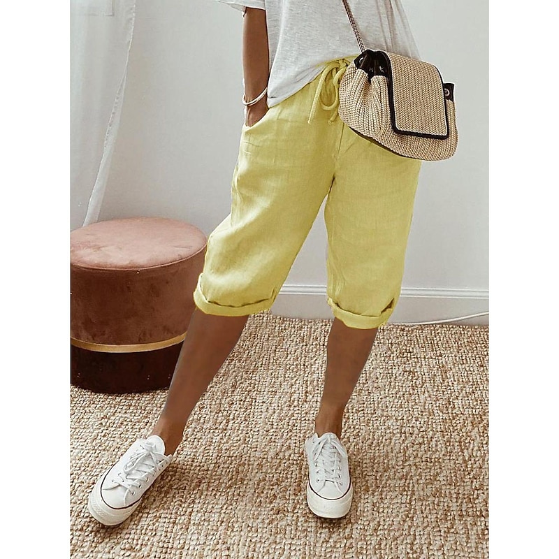 Women's Normal Cotton Linen Pants Chinos Casual Daily Knee Length Natural Solid Colored Pocket Drawstring Elastic Waist Breathability Comfortable Inelastic Vacation Casual Daily Navy-blue milk white