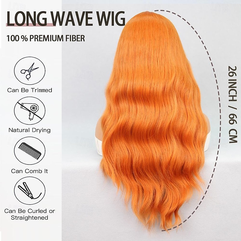 Cosplay Costume Wig Synthetic Wig Natural Wave Middle Part Wig 26 inch Orange Synthetic Hair Women's Orange3
