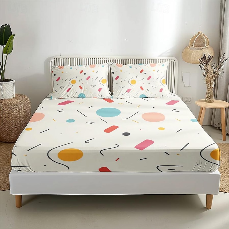 Geometry Fitted Sheet Set 100% Cotton Ultra Soft Breathable Silky  Bed Sheets Deep Pocket Bedding Sheets 3 Piece Queen King Size3