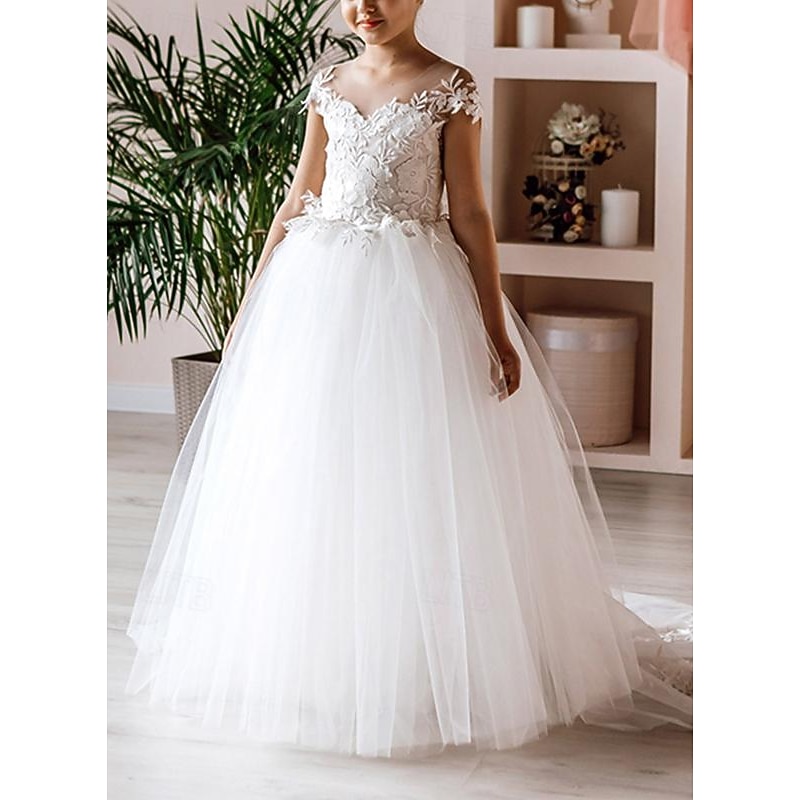 Ball Gown Floor Length Flower Girl Dress First Communion Girls Cute Prom Dress Lace with Sash / Ribbon Boho Tutu Fit 3-16 Years dress to impress2