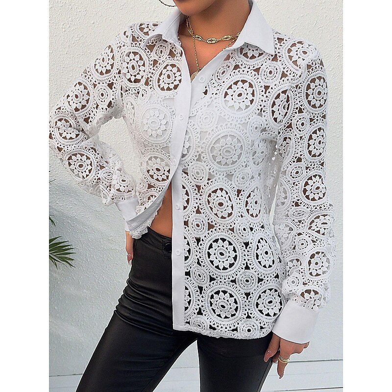 Shirt Lace Shirt Blouse Eyelet top Women's White Plain Lace Button Street Daily Fashion Shirt Collar Regular Fit S