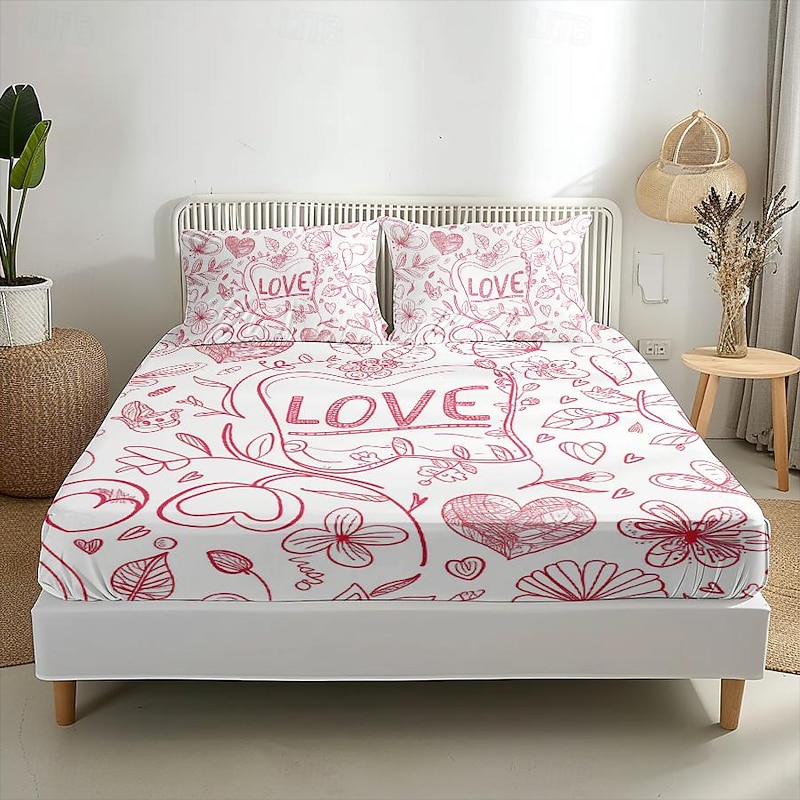 Love Heart Pattern Fitted Sheet Set 100% Cotton Ultra Soft Breathable Silky Bed Sheets Deep Pocket Bedding Sheets 3 Piece Queen King Size2