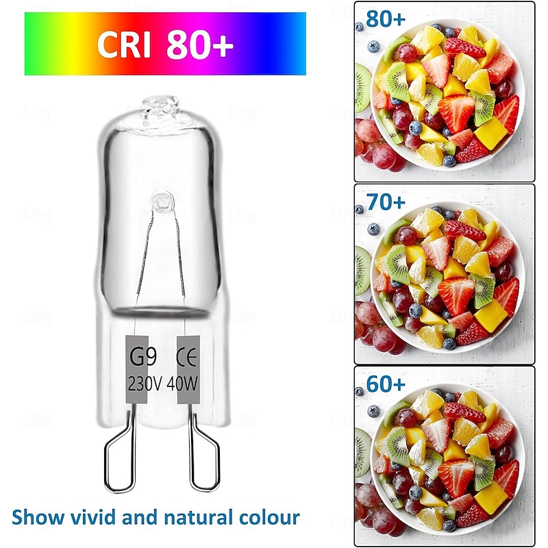 10PCS G9 40W 220V 2-Pin Halogen Bulb Warm White 3000K 360 Beam Angle for Oven Microwave Crystal Lamp Ceiling Fan Lights4