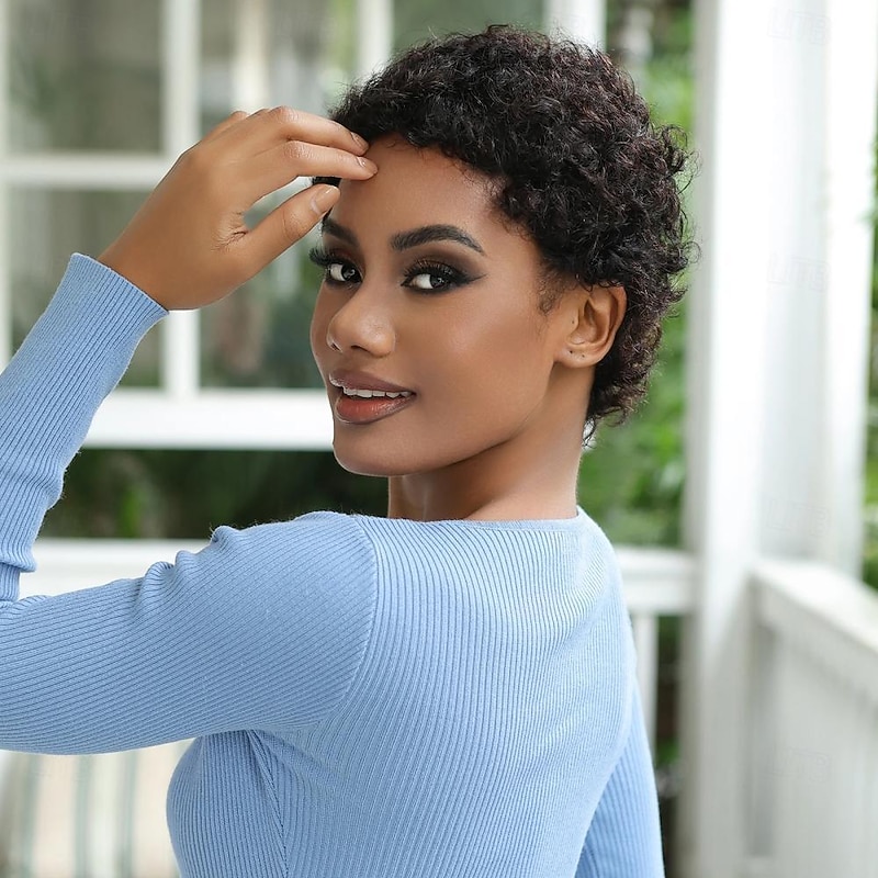 Afro Kinky Curly Human Hair Short Wigs for Women Full and Fluffy Machine Made Wig Human Hair Pixie Cut Natural Looking Glueless Hair Replacement Wig Black Color