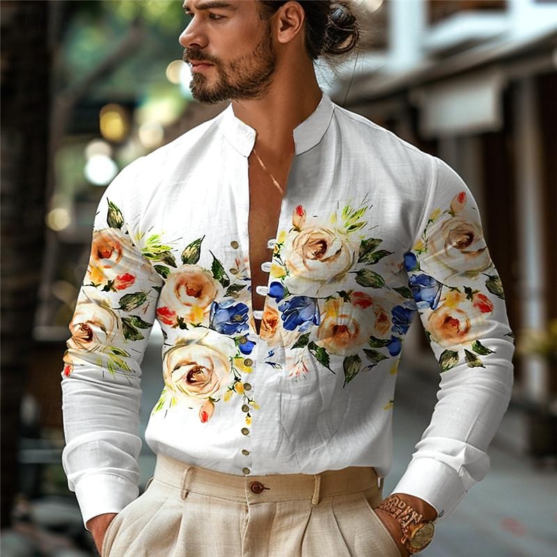 Men's Floral Button Up Shirt Printed Shirts Long Sleeve Hawaiian Resort Outdoor Holiday Daily Wear Spring & Summer Standing Collar Print Button-Down Black White