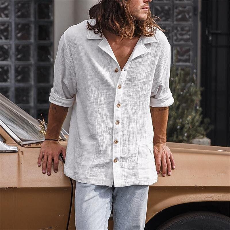 Men's Shirt Linen Shirt White Cotton Shirt Summer Shirt Beach Shirt Cotton Linen Shirt Plain Vacation Hawaiian White Long Sleeve Camp Collar Spring &  Fall Clothing Apparel Button-Down2
