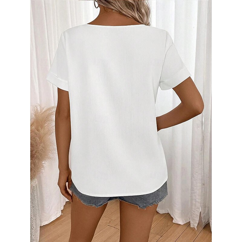 Women's 100% Cotton Shirt Tunic Short Sleeve Crew Neck White Summer Linen Like2