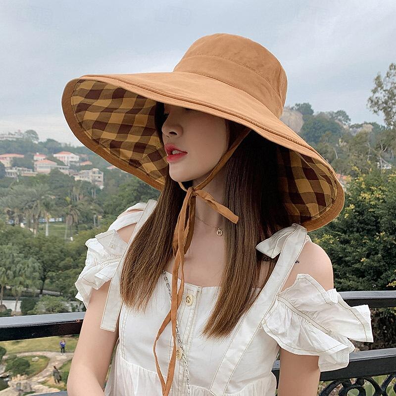 Women's Hat Bucket Hat Sun Hat Portable Sun Protection Outdoor Street Weekend Pure Color Plaid Pure Color3