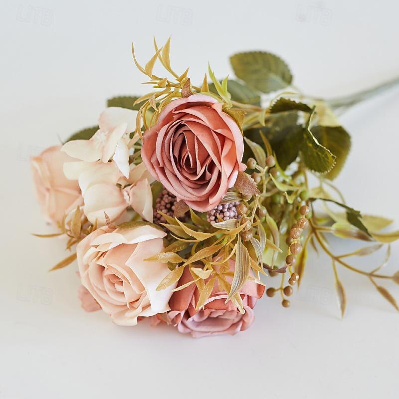 Simulated Flower 6 Forks Smoke And Rain Rose Home Decoration Artificial Flower Rose Silk Flower European Style Color Scheme Hotel Dining Table Flower Arrangement4