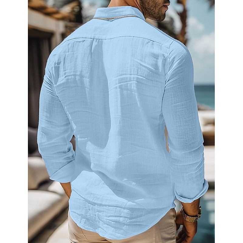 Men's Shirt Linen Shirt Summer Shirt Beach Wear Button Up Shirt Plain Vacation Casual Black White Pink Blue Long Sleeve Collar Spring & Summer Clothing Apparel2
